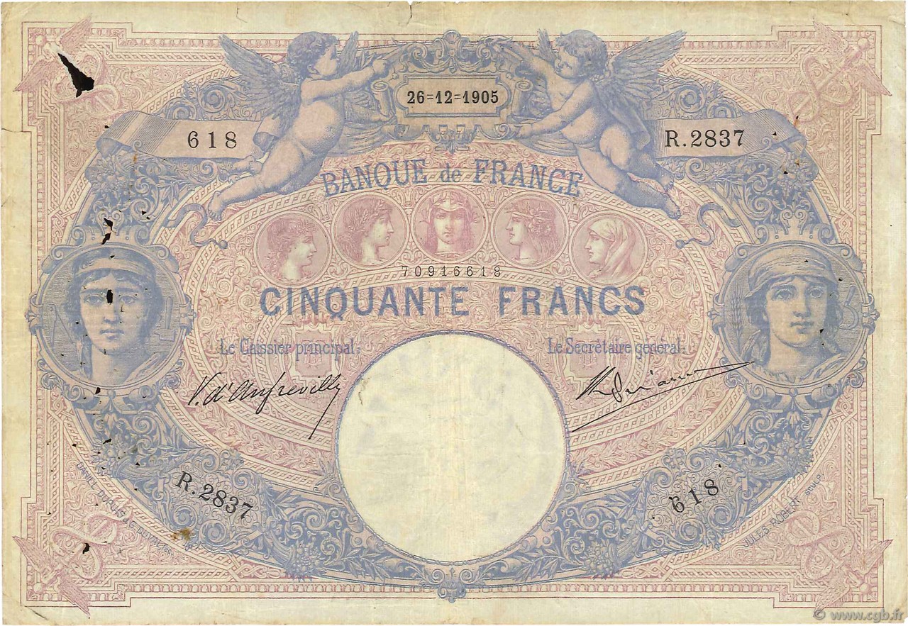 50 Francs BLEU ET ROSE FRANCE  1905 F.14.17 VG