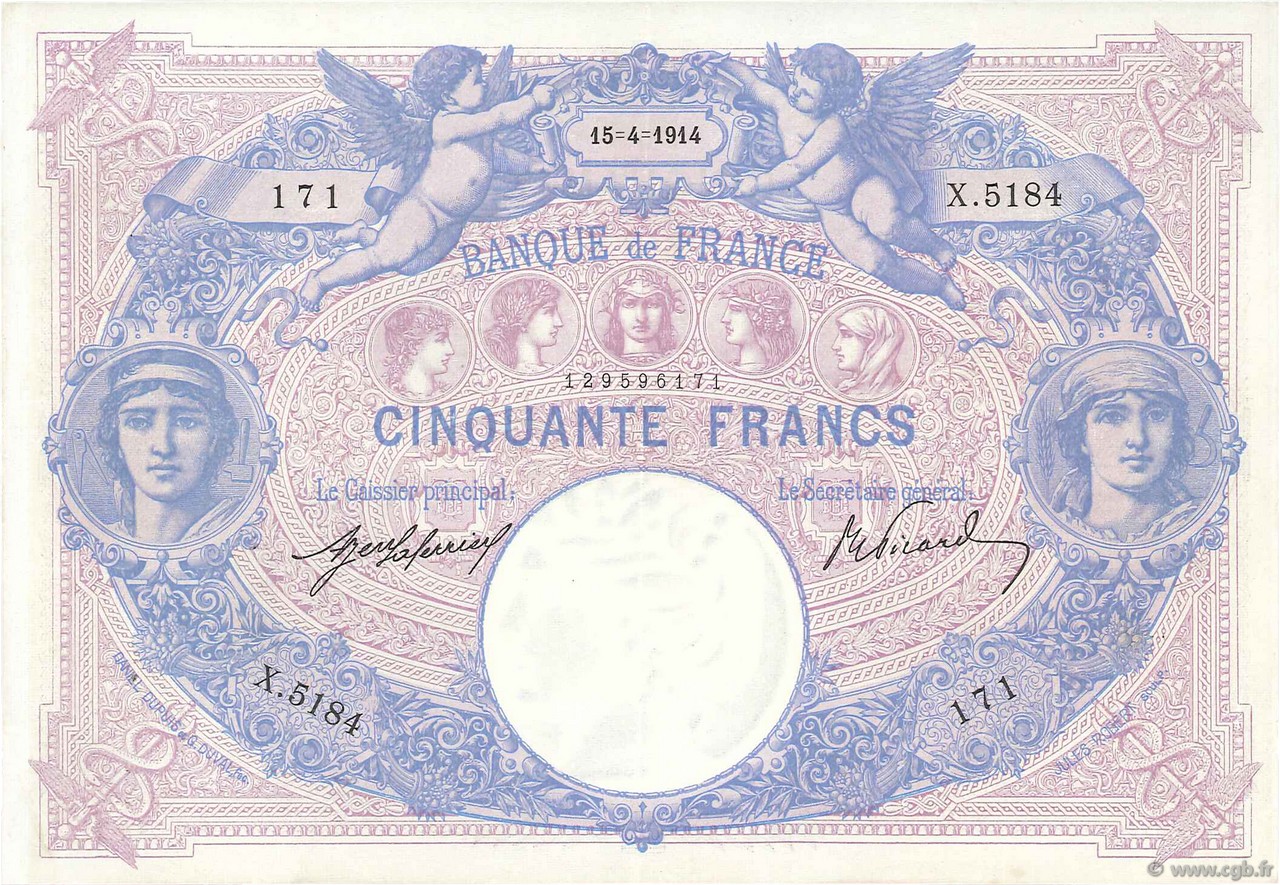 50 Francs BLEU ET ROSE FRANCE  1914 F.14.27 VF+
