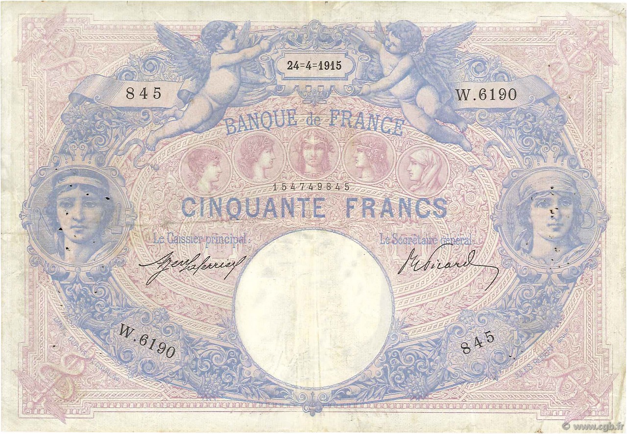 50 Francs BLEU ET ROSE FRANCE  1915 F.14.28 TTB