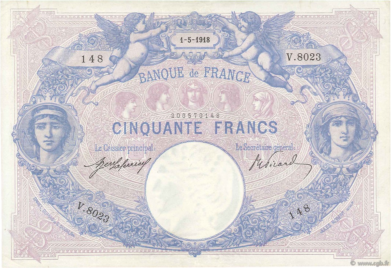 50 Francs BLEU ET ROSE FRANCIA  1918 F.14.31 SPL