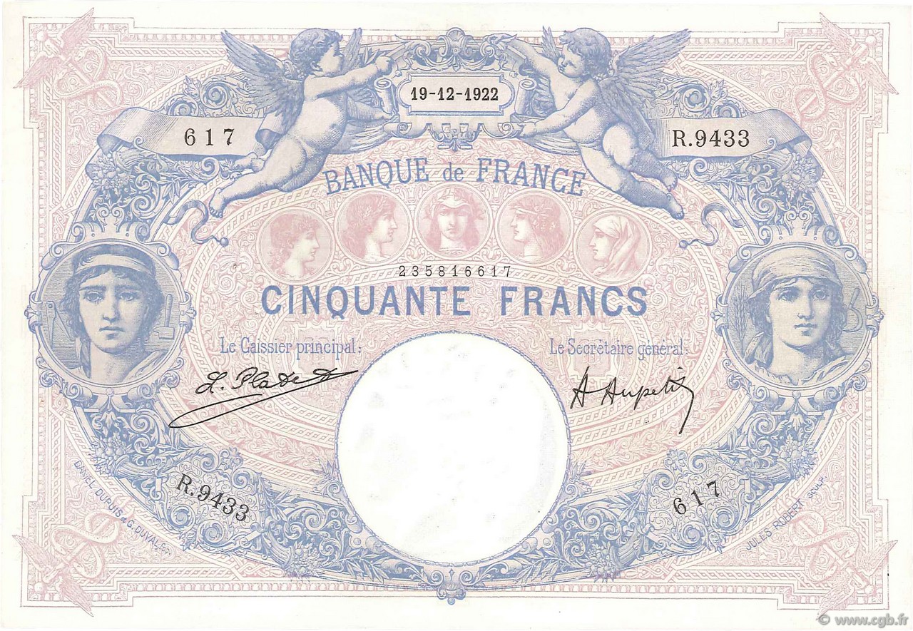 50 Francs BLEU ET ROSE FRANCE  1922 F.14.35 XF