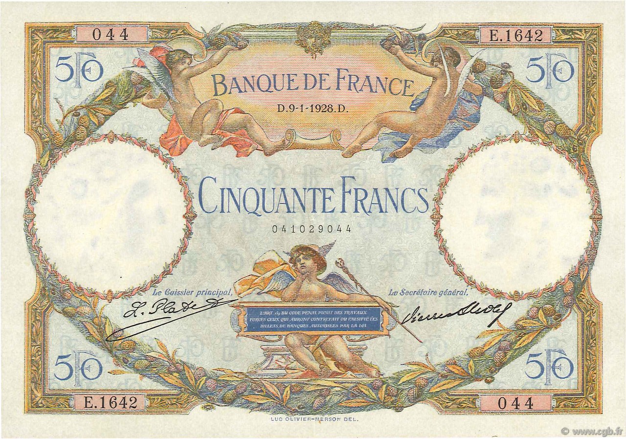 50 Francs LUC OLIVIER MERSON FRANKREICH  1928 F.15.02 VZ+