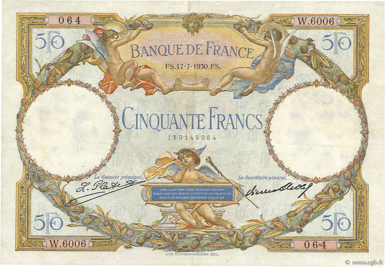 50 Francs LUC OLIVIER MERSON FRANKREICH  1930 F.15.04 fVZ