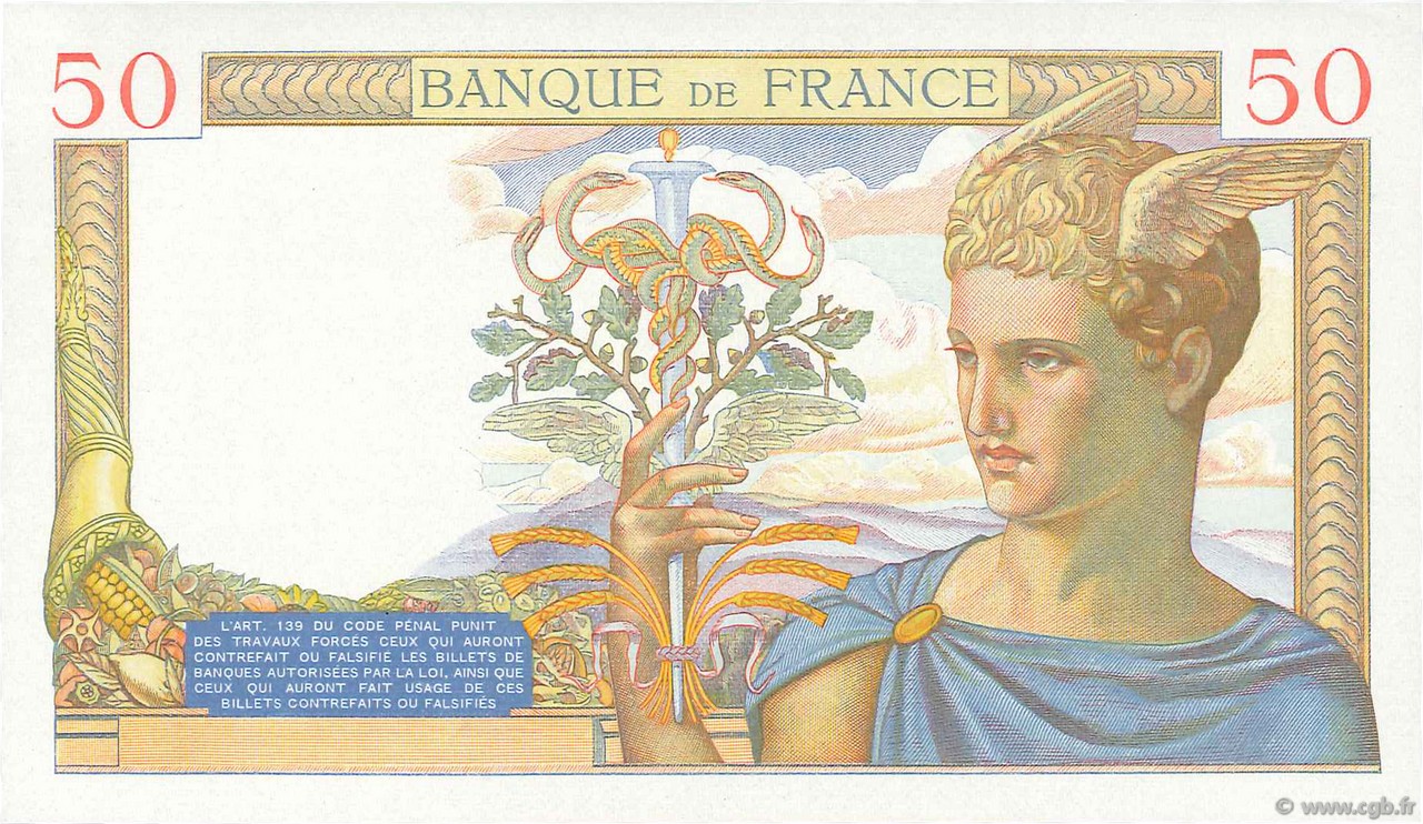 50 Francs CÉRÈS FRANKREICH  1934 F.17.00Ec fST+