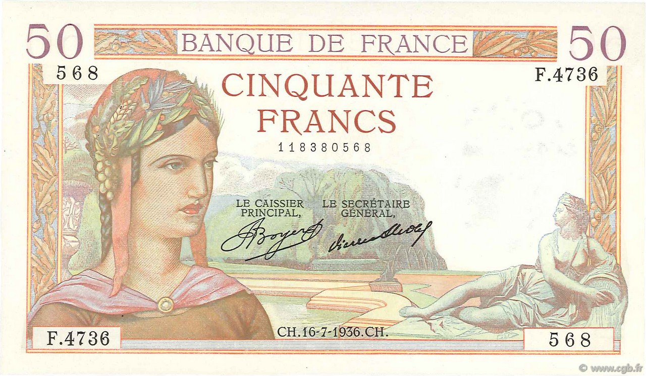 50 Francs CÉRÈS FRANKREICH  1936 F.17.28 VZ to fST