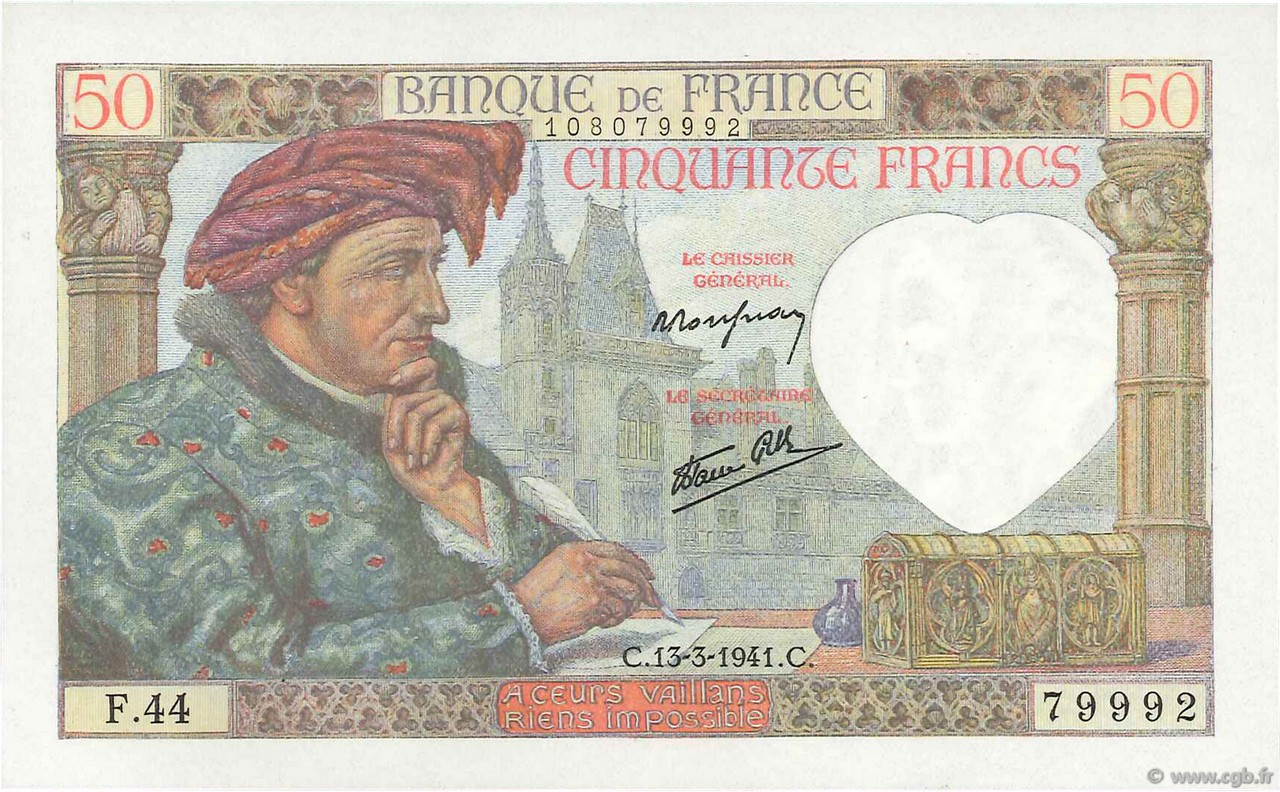 50 Francs JACQUES CŒUR FRANCE  1941 F.19.07 UNC