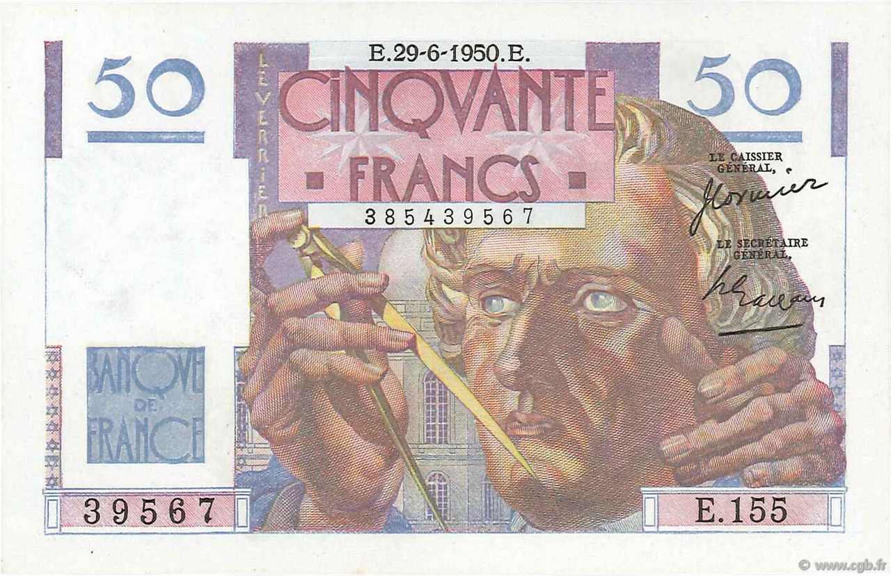 50 Francs LE VERRIER FRANCE  1950 F.20.15 UNC