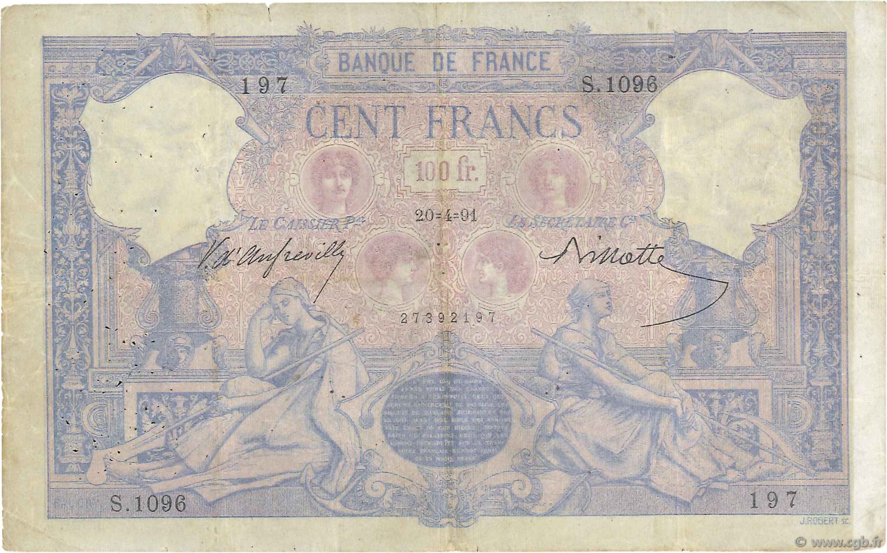 100 Francs BLEU ET ROSE FRANCIA  1891 F.21.04 MB