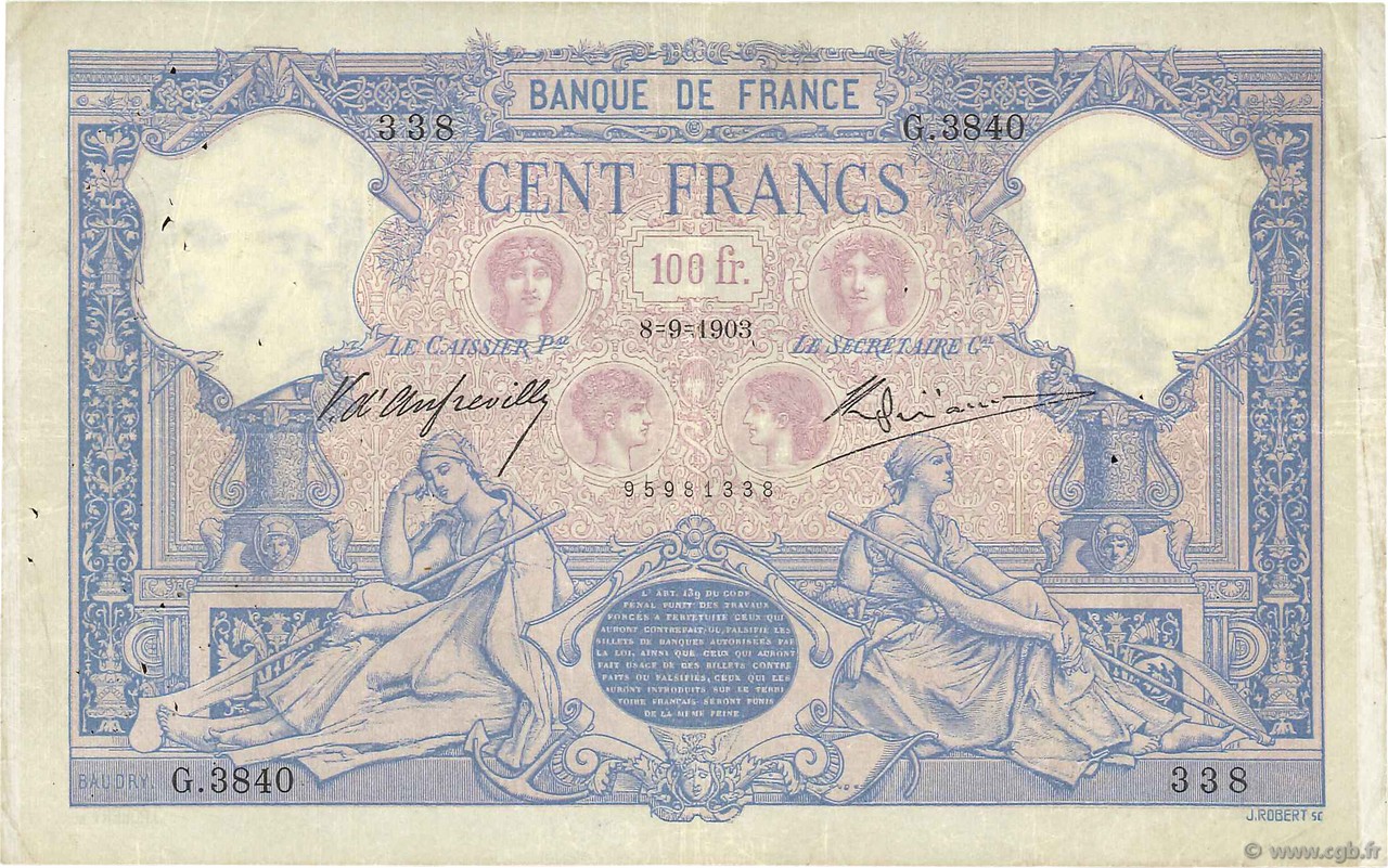 100 Francs BLEU ET ROSE FRANCIA  1903 F.21.17 BC+