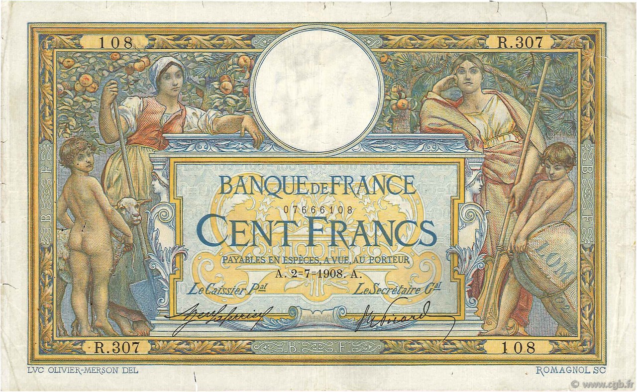100 Francs LUC OLIVIER MERSON avec LOM FRANCIA  1908 F.22.01 q.MB