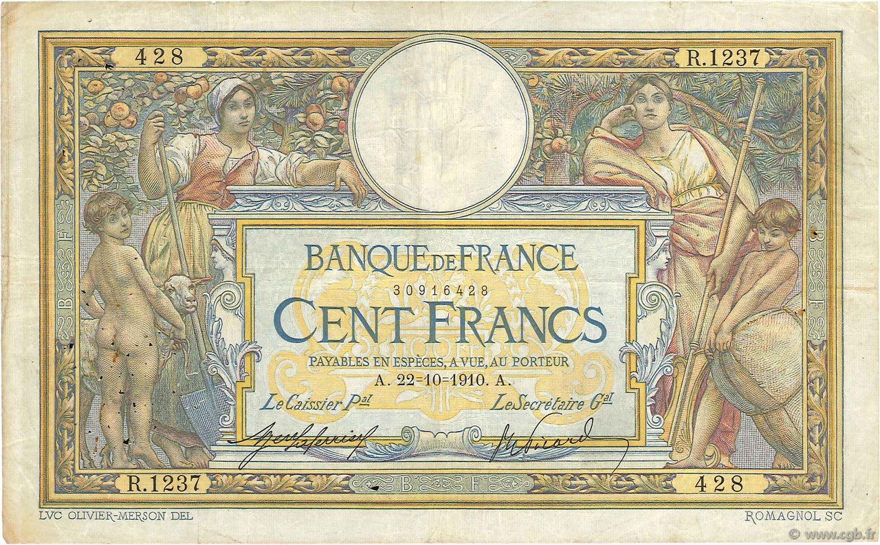 100 Francs LUC OLIVIER MERSON sans LOM FRANCIA  1910 F.23.02 MB