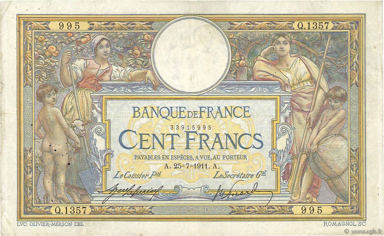 100 Francs LUC OLIVIER MERSON sans LOM FRANCIA  1911 F.23.03 MB