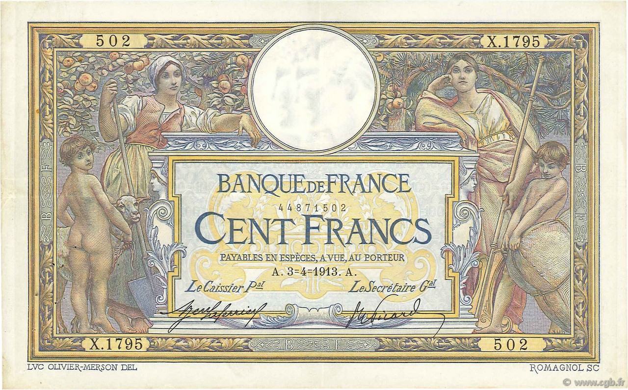 100 Francs LUC OLIVIER MERSON sans LOM FRANCE  1913 F.23.05 VF+