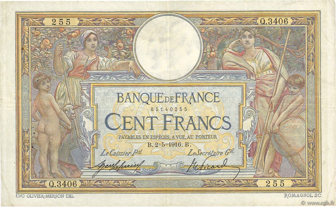 100 Francs LUC OLIVIER MERSON sans LOM FRANCIA  1916 F.23.08 BB
