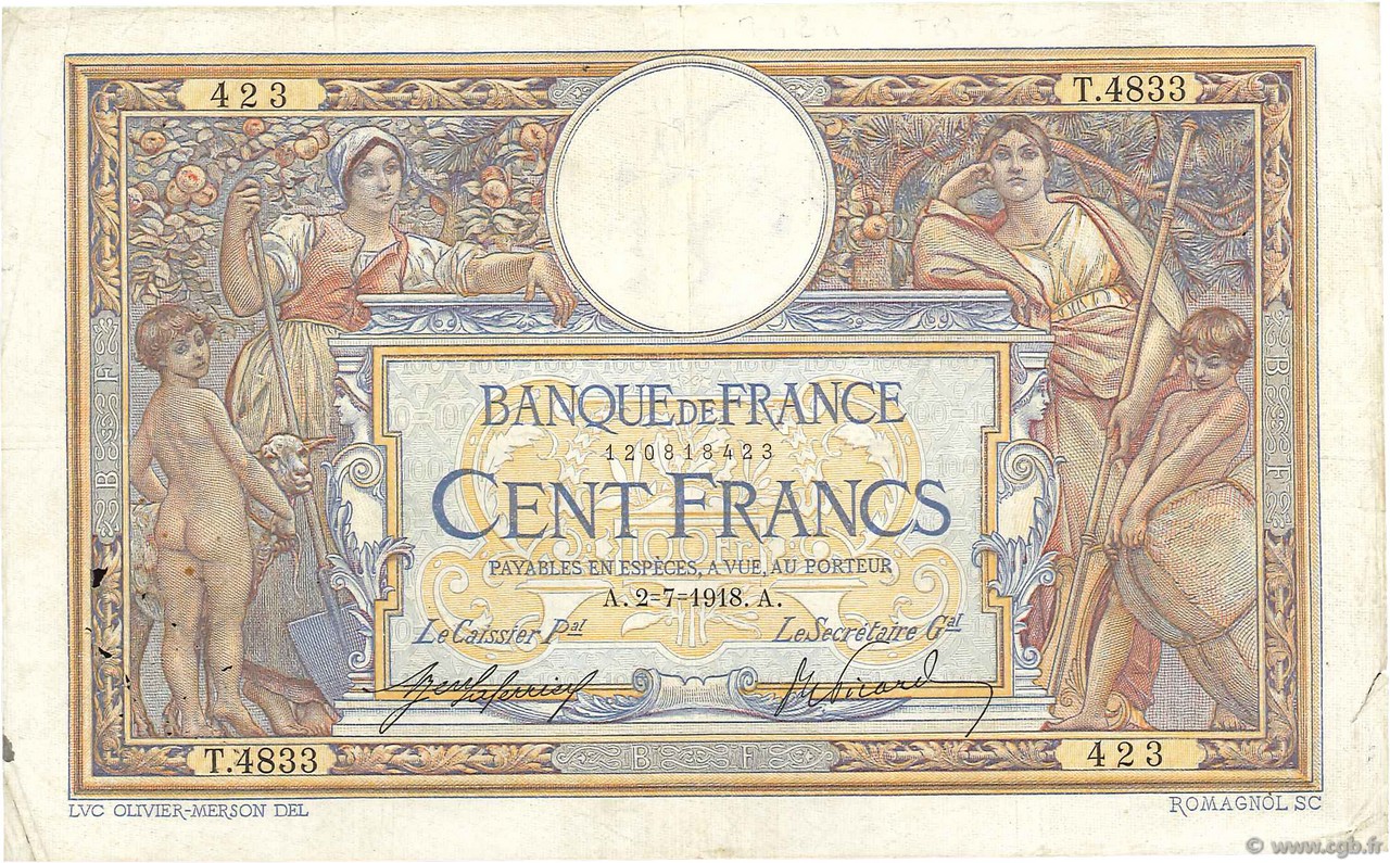 100 Francs LUC OLIVIER MERSON sans LOM FRANCIA  1918 F.23.10 q.BB