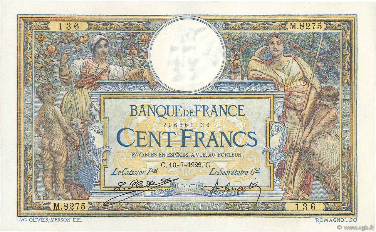 100 Francs LUC OLIVIER MERSON sans LOM FRANCIA  1922 F.23.15 SPL a AU