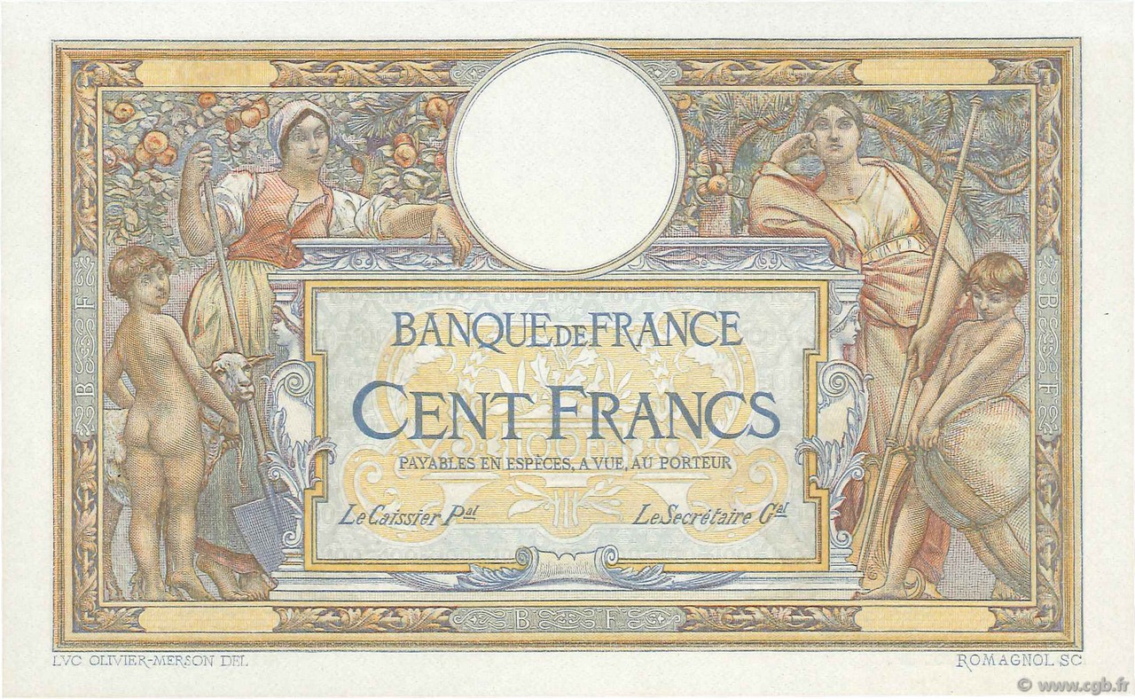 100 Francs LUC OLIVIER MERSON grands cartouches FRANKREICH  1923 F.24.00Ec ST