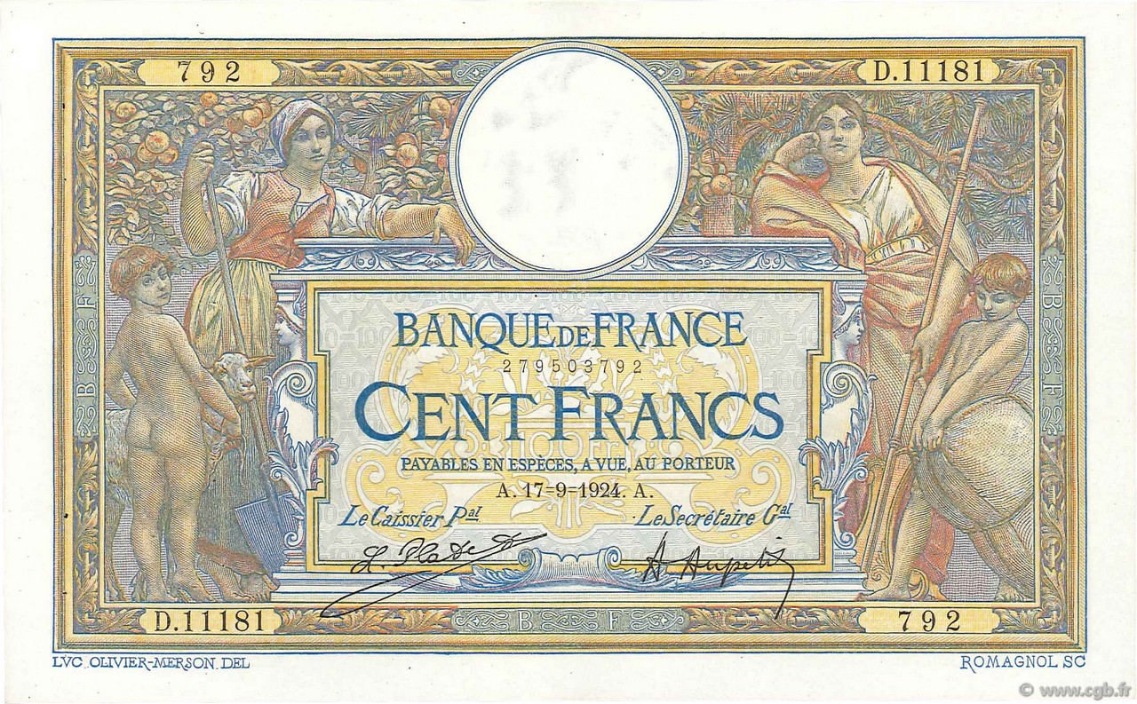 100 Francs LUC OLIVIER MERSON grands cartouches FRANCE  1924 F.24.02 SUP