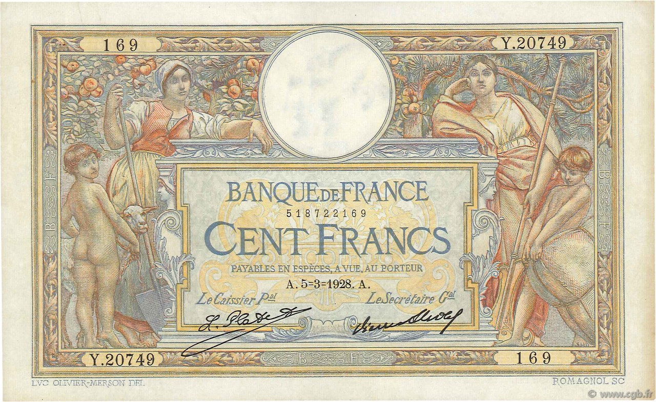 100 Francs LUC OLIVIER MERSON grands cartouches FRANKREICH  1928 F.24.07 VZ