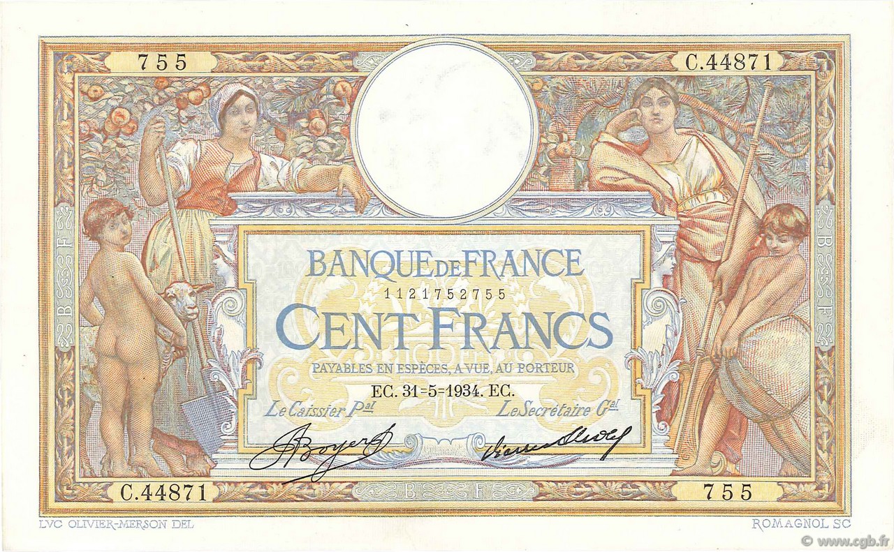 100 Francs LUC OLIVIER MERSON grands cartouches FRANKREICH  1934 F.24.13 VZ