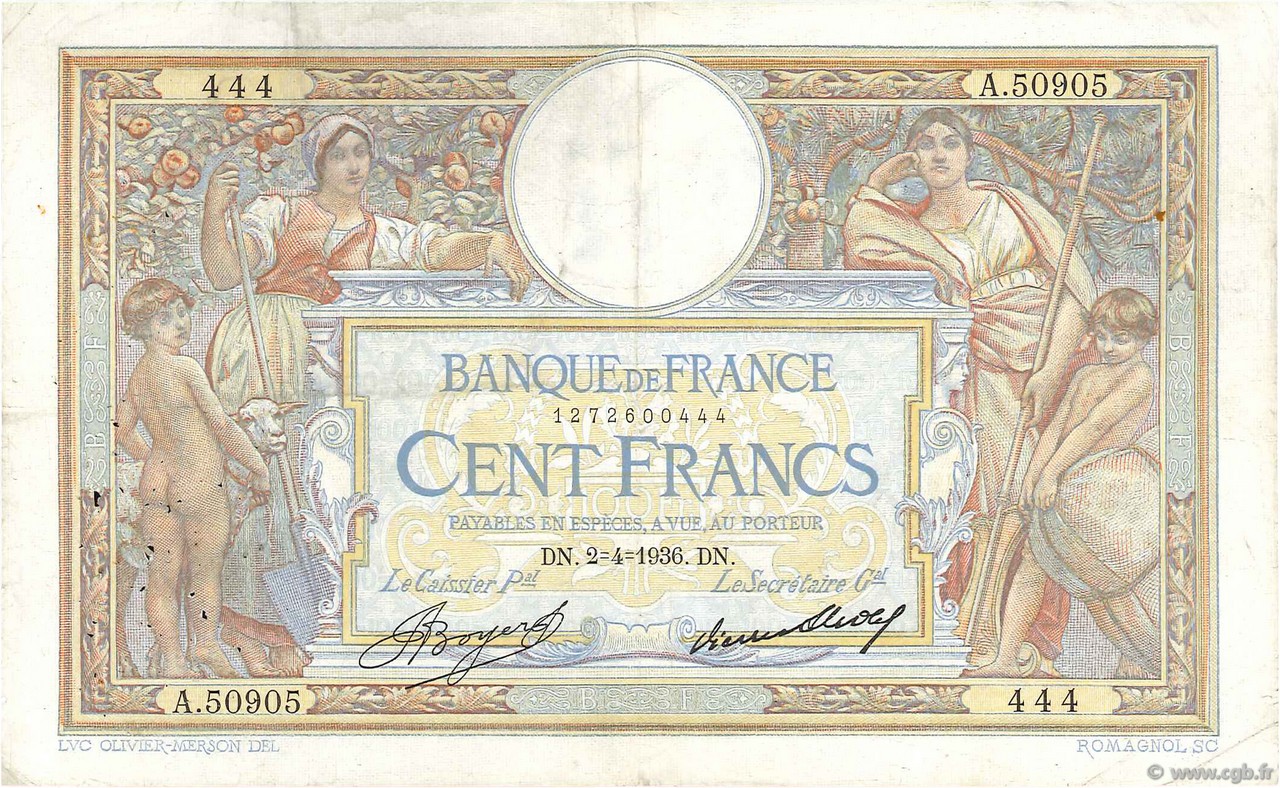 100 Francs LUC OLIVIER MERSON grands cartouches Numéro radar FRANCIA  1936 F.24.15 MB