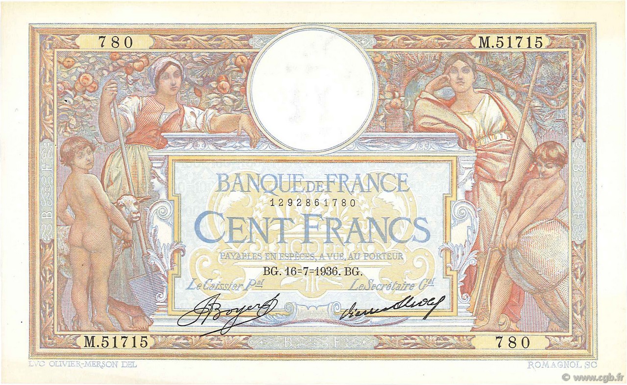 100 Francs LUC OLIVIER MERSON grands cartouches Numéro radar FRANCE  1936 F.24.15 XF