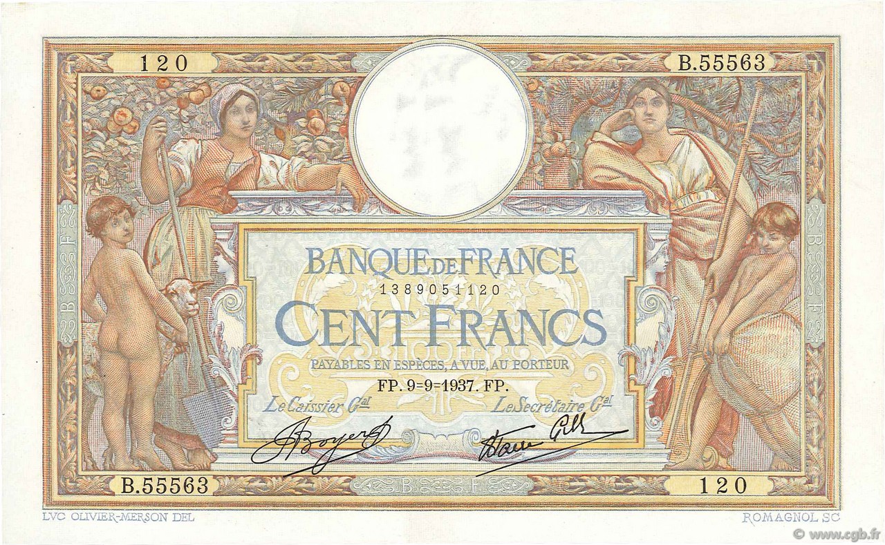 100 Francs LUC OLIVIER MERSON type modifié FRANCIA  1937 F.25.01 EBC+