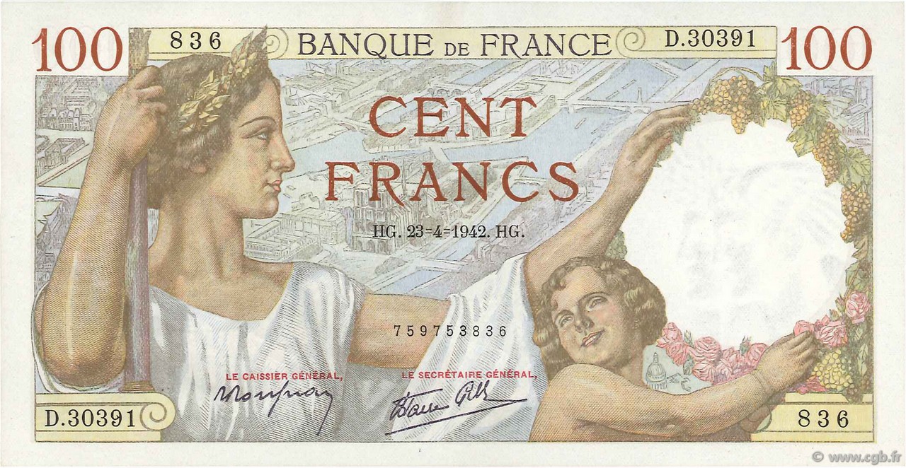 100 Francs SULLY FRANCIA  1942 F.26.70 SC+