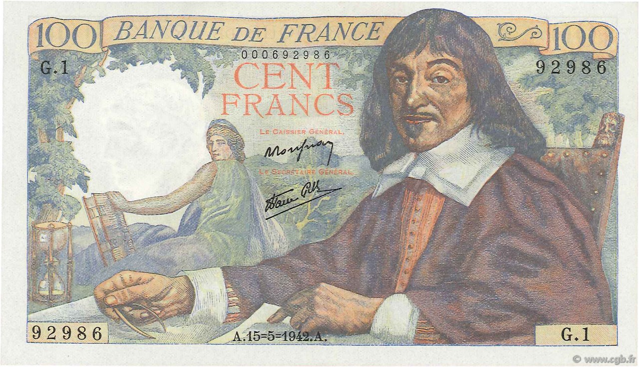 100 Francs DESCARTES FRANCIA  1942 F.27.01 SC+