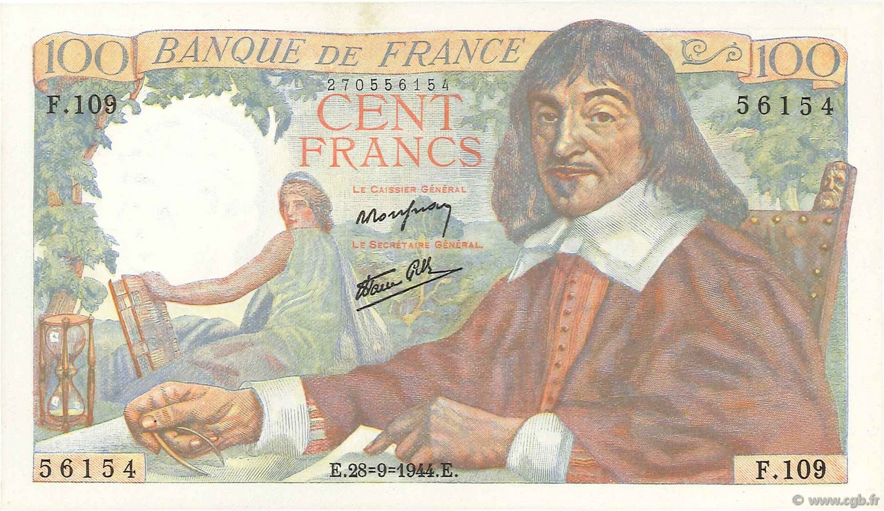 100 Francs DESCARTES FRANCE  1944 F.27.07 NEUF