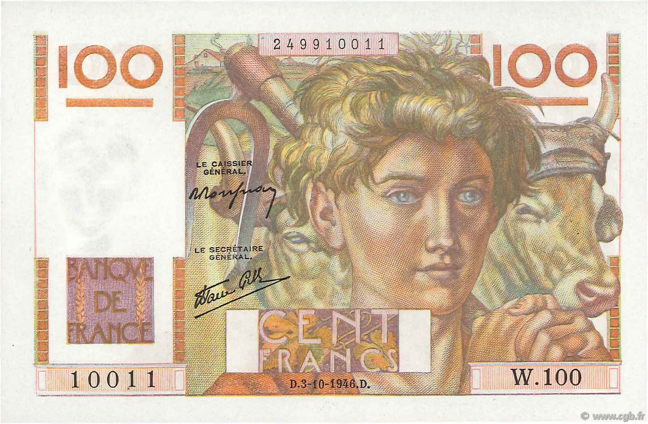 100 Francs JEUNE PAYSAN FRANCIA  1946 F.28.09 FDC