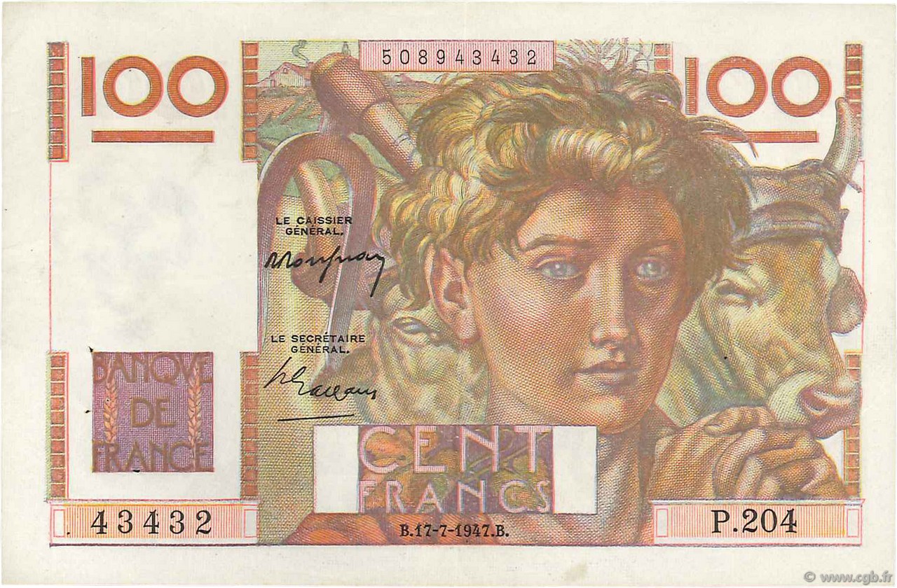 100 Francs JEUNE PAYSAN FRANCIA  1947 F.28.15 q.SPL
