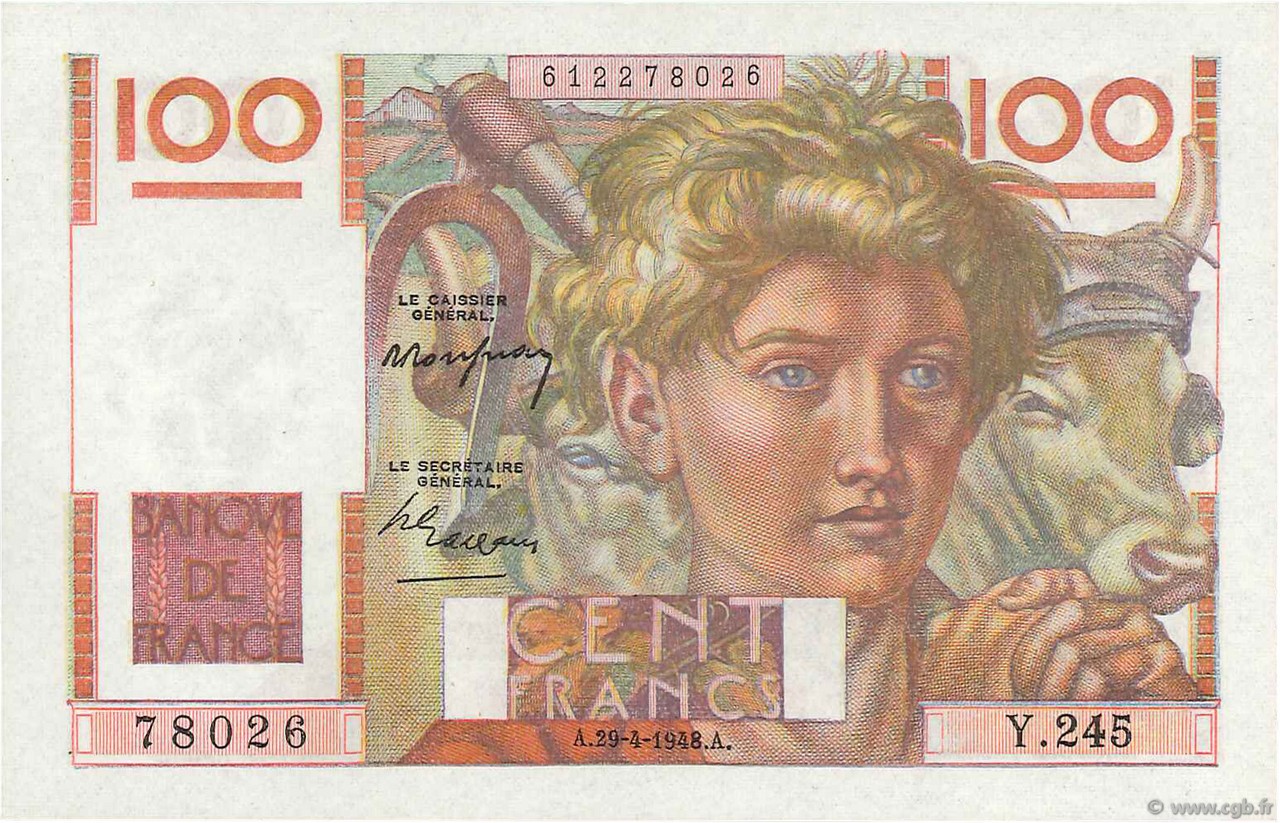100 Francs JEUNE PAYSAN FRANCIA  1948 F.28.18 FDC