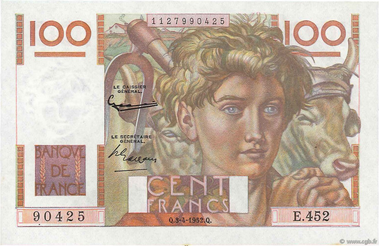 100 Francs JEUNE PAYSAN FRANCIA  1952 F.28.32 q.FDC