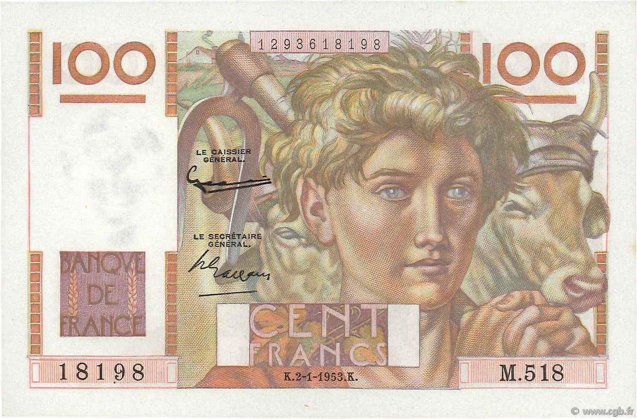 100 Francs JEUNE PAYSAN FRANCE  1953 F.28.35 UNC-