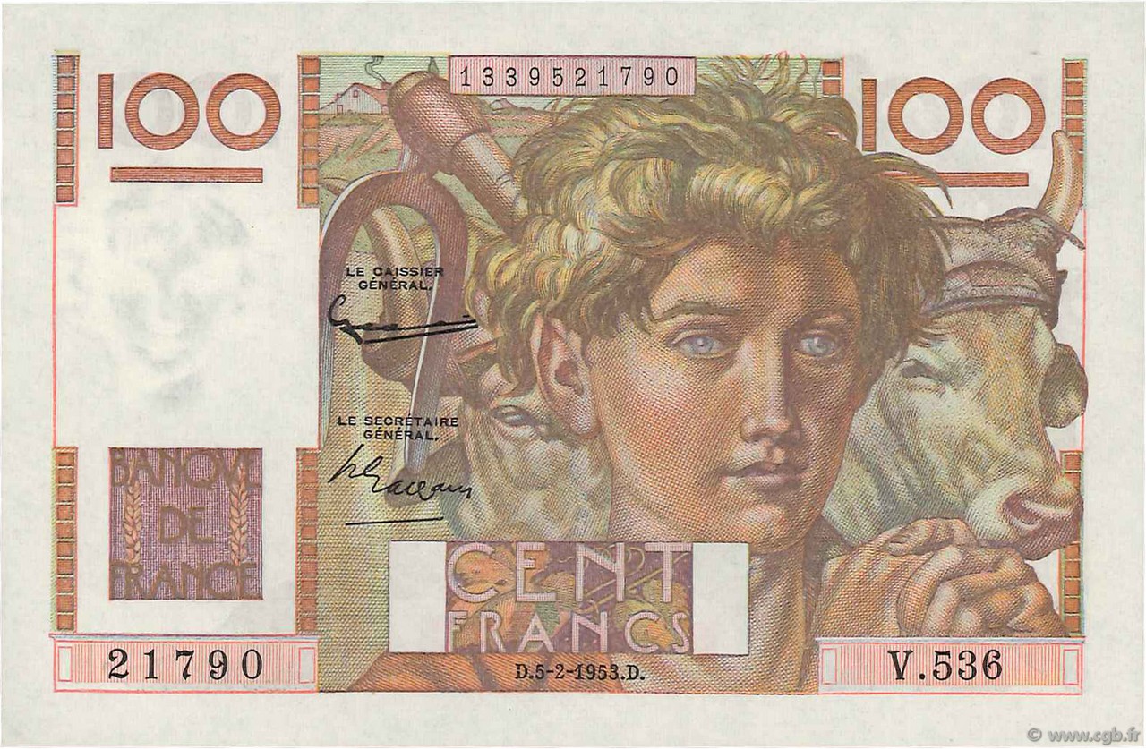 100 Francs JEUNE PAYSAN FRANKREICH  1953 F.28.36 fST+