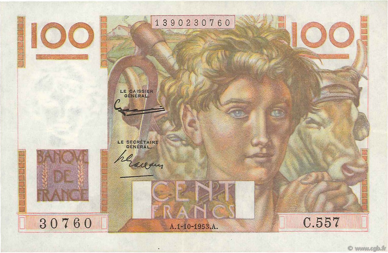 100 Francs JEUNE PAYSAN filigrane inversé FRANCIA  1953 F.28bis.03 EBC