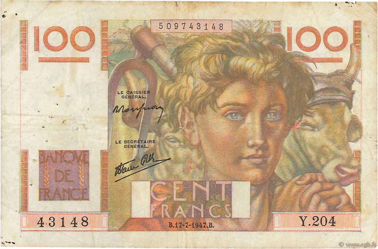 100 Francs JEUNE PAYSAN Favre-Gilly FRANKREICH  1947 F.28ter.02 S