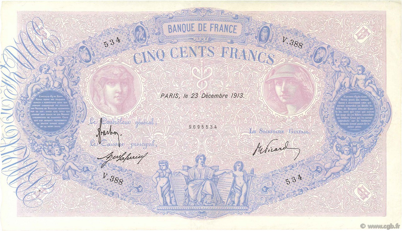 500 Francs BLEU ET ROSE FRANCE  1913 F.30.21 VF+