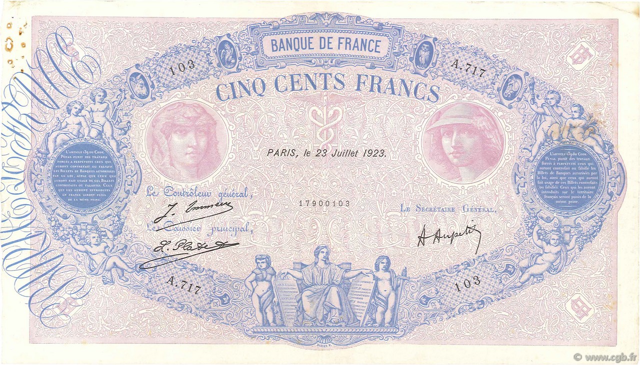 500 Francs BLEU ET ROSE FRANCE  1923 F.30.27 VF
