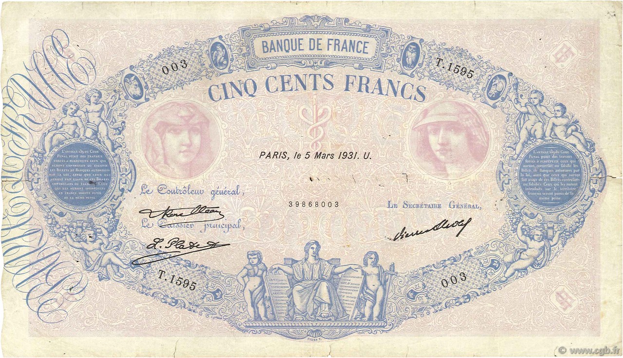 500 Francs BLEU ET ROSE FRANKREICH  1931 F.30.34 S