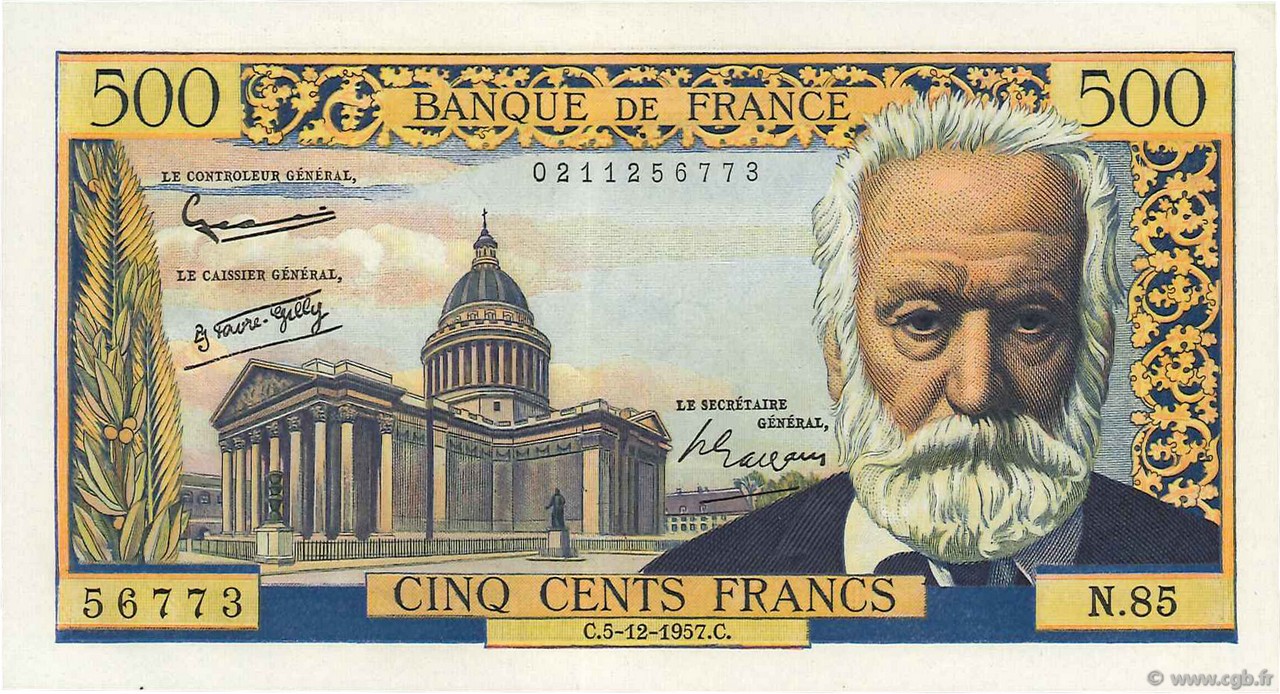 500 Francs VICTOR HUGO FRANCE  1957 F.35.07 XF+