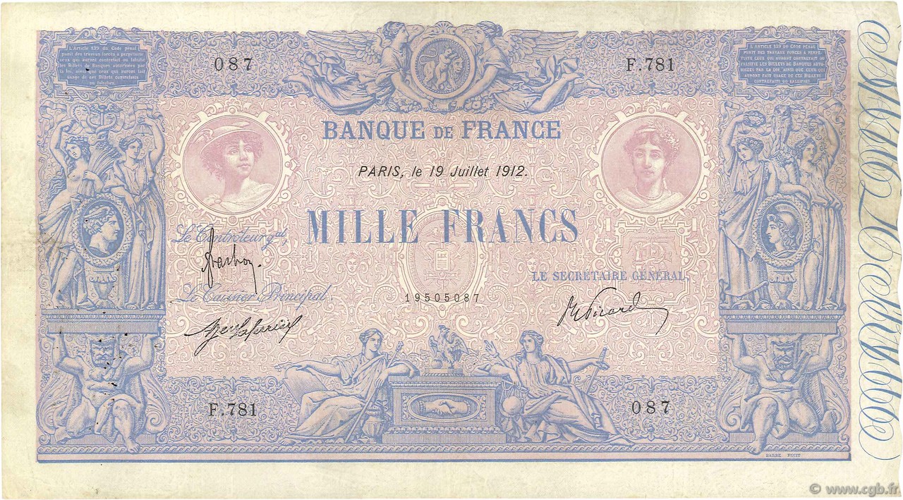 1000 Francs BLEU ET ROSE FRANCE  1912 F.36.26 VF-