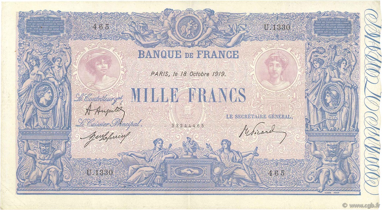 1000 Francs BLEU ET ROSE FRANKREICH  1919 F.36.34 fVZ