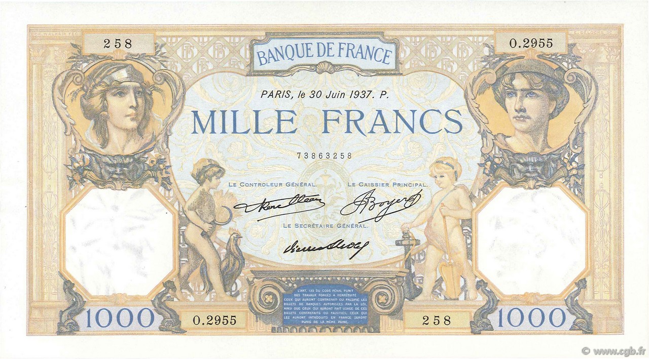 1000 Francs CÉRÈS ET MERCURE FRANCIA  1937 F.37.10 SC