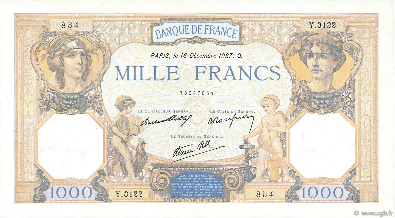 1000 Francs CÉRÈS ET MERCURE type modifié FRANCIA  1937 F.38.07 EBC