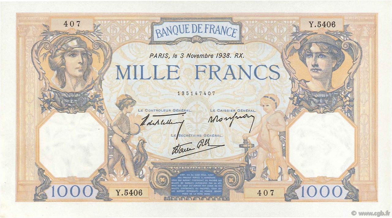 1000 Francs CÉRÈS ET MERCURE type modifié FRANCE  1938 F.38.32 AU+