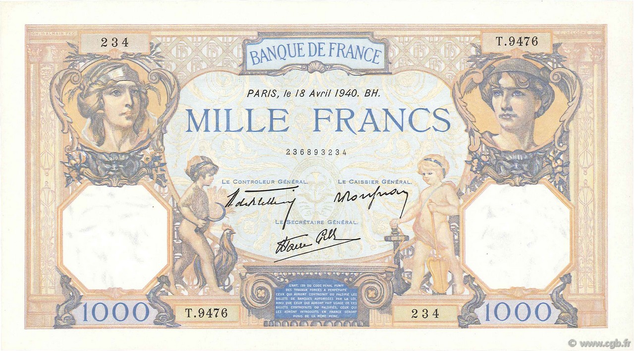 1000 Francs CÉRÈS ET MERCURE type modifié FRANKREICH  1940 F.38.46 fST