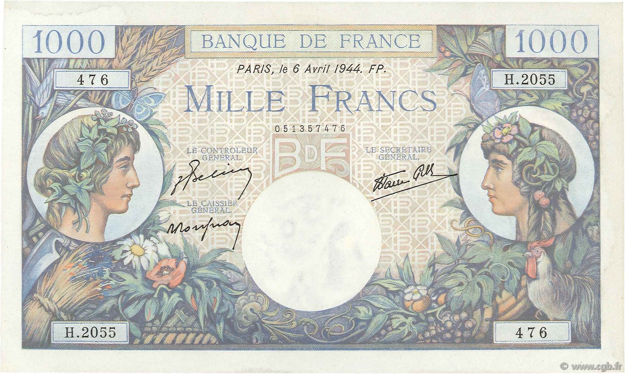 1000 Francs COMMERCE ET INDUSTRIE FRANCIA  1944 F.39.05 q.FDC