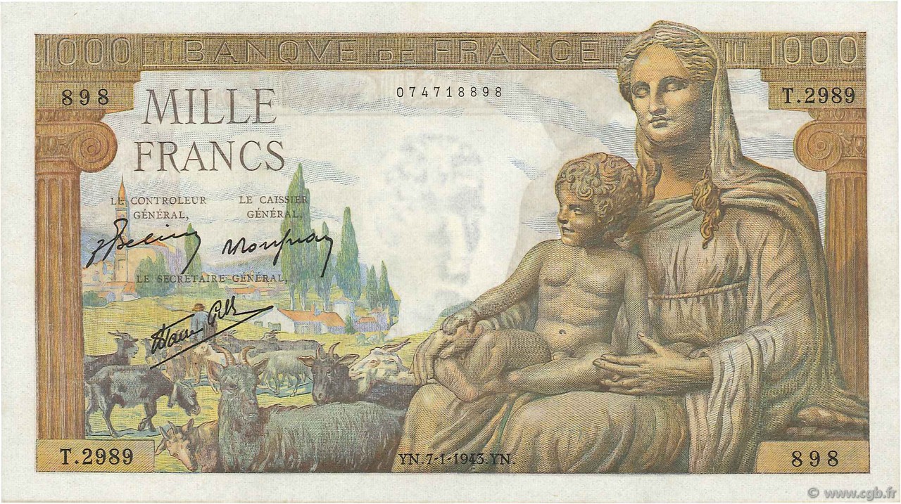 1000 Francs DÉESSE DÉMÉTER FRANKREICH  1943 F.40.15 ST
